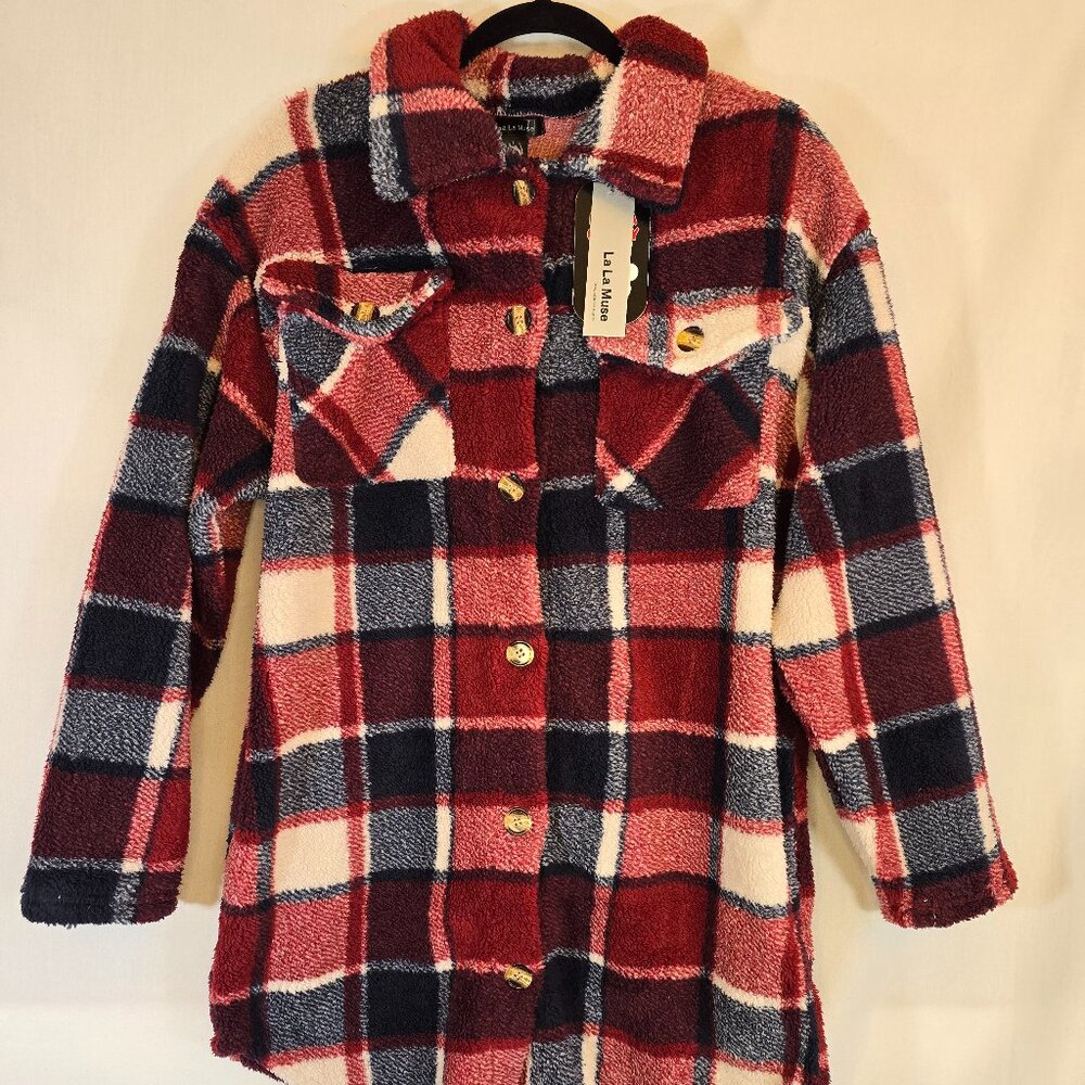 Burgundy Plaid Long Fleece Jacket